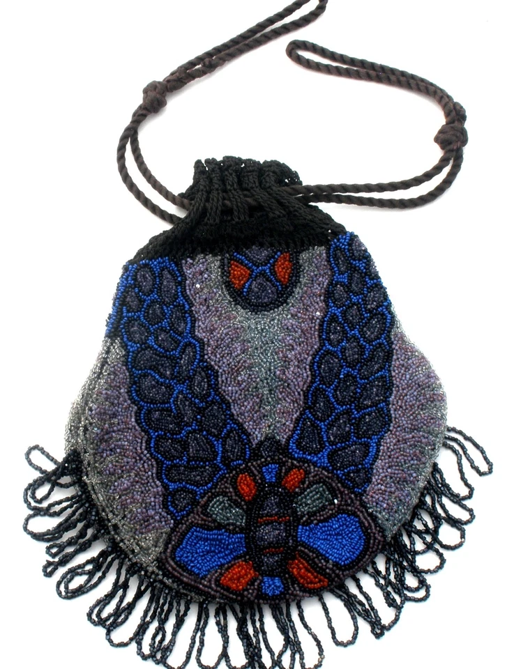 Art Nouveau Reticule Fringe Purse Drawstring Handbag Hand Beaded Bag Glass Beads - Image 2 of 4