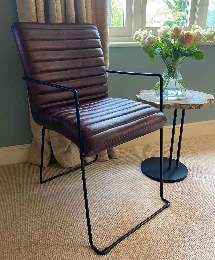 Occasional Accent Chair Dark Brown Leather Industrial Black Iron Frame