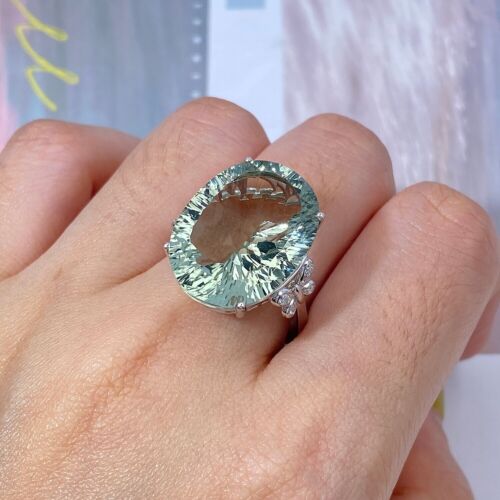 Green Amethyst / Prasiolite Gemstone Oval Cut Ring 20 Carat Prasiolite Ring