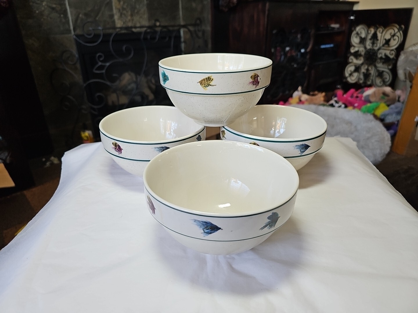Set of 4 Vintage Folk Craft Stoneware "RAINBOW TROUT" Soup Bowls Scotty