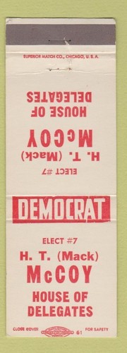 Matchbook Cover - HT Mack McCoy House of Delegates Election