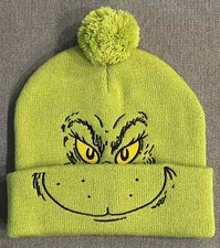 Dr. Seuss "The Grinch" Big Green Face Knit Pom Beanie Adult One Size New Free SH