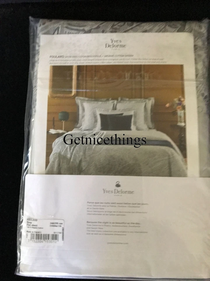 Sábana Plana Yves Delorme Queen 94x116" Gris Satén Orgánico Jacquard Frontera Francia Foto 3 de 4