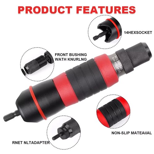 Electric Drill Rivet Rivnut Nut Gun Adapter Insert Adaptor Tool Kit Set M3-M10 - Picture 4 of 12