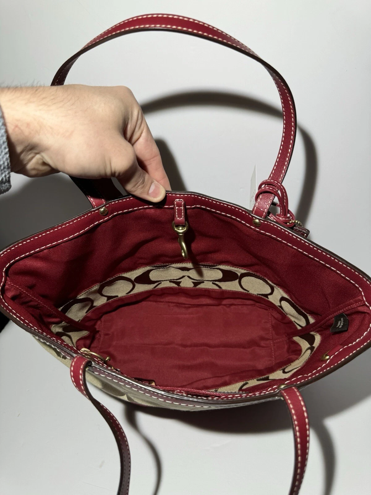 Borsa Coach Signature a righe kaki e cremisi tela pelle tote bag vintage nuova con etichetta