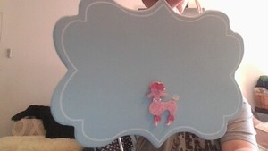Adorable lite blue scalloped wood hanging sign 3D Poodle Sticker Burlap Hanger