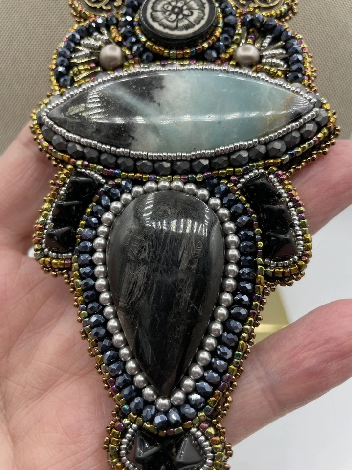 Bead Embroidered Necklace One Of A Kind Amazonite Meteorite Pearl Onyx Hand Made - Image 2 of 4