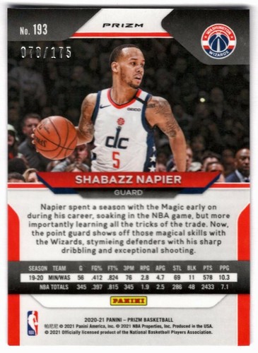 Asistentes Shabazz Napier 2020-21 Panini Prizm Fast Break azul Prizm SP 70/175 - Imagen 2 de 2