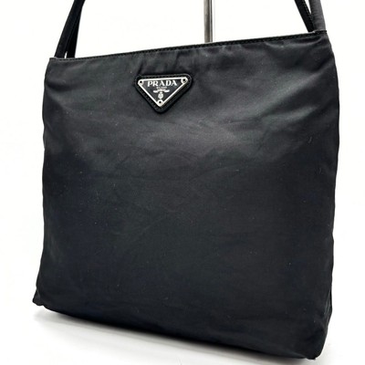 バッグ PRADA TESSUTO NYLON LOGO TOTE HAND BAG PRADA Tessuto Nylon Tote Bag Black Triangle Logo Plate Silver