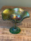 VINTAGE NORTHWOOD CARNIVAL GLASS RASPBERRY BASKETWEAVE GREEN COMPOTE
