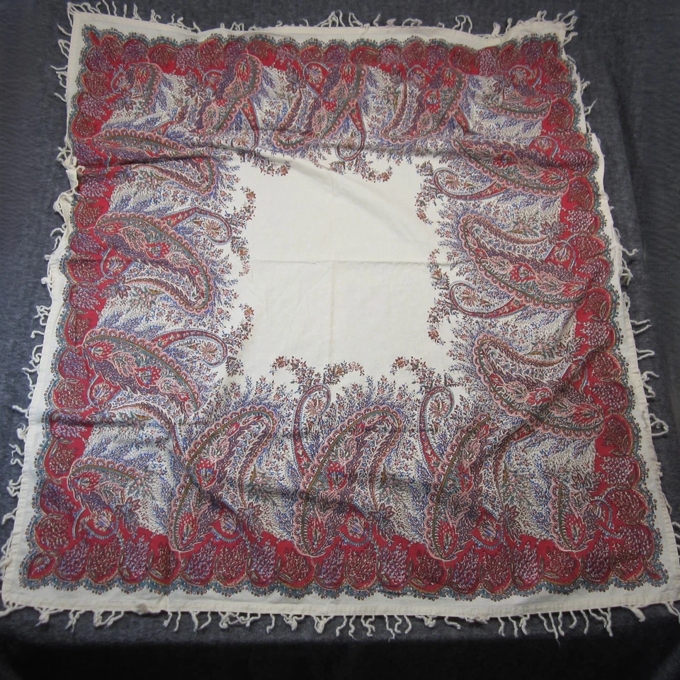 Pottery Barn Fringed Tablecloth 44" x 54" Red Cream Paisley Rectangular Boho - Image 2 of 4