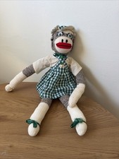 Vintage Handmade Sock Monkey Girl Doll - Green Gingham Dress Hat /20 Folk Art