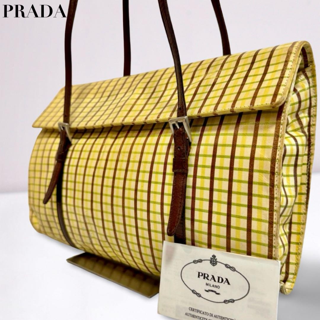 Prada Authentic Yellow Check Pattern Shoulder Bag-image
