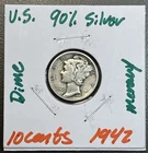 1942 - 10C Mercury Dime / 90% Silver Coin.