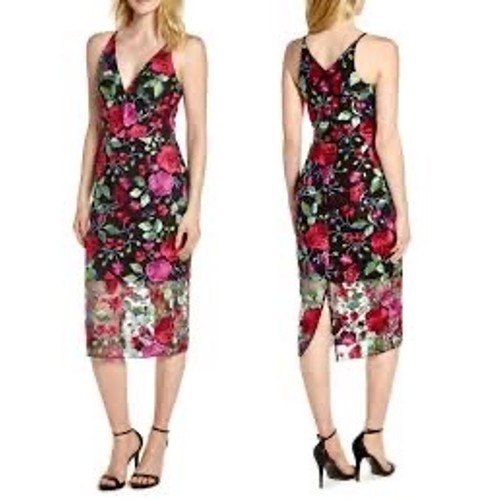 Dress the Population Aurora Floral Embroidered Lace Sheer Hem Dress Size M Black - Picture 20 of 24