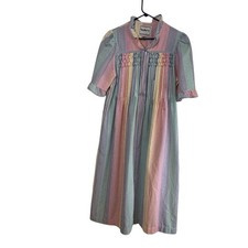 Vtg Saybury Nightgown Housecoat Robe Size 8 Rainbow Striped Seersucker 1/2 Zip