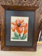 Needlepoint pink /orange/green Handmade Stitched Framed Vintage