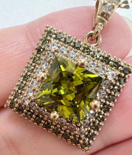 Genuine Peridot Diamond Necklace 14K Gold on Solid 925 Green Pendant Yellow Gold - Picture 2 of 13