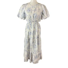 Indigo Rose Blue Floral Puff Sleeve Tiered Midi Dress Cottagecore 10