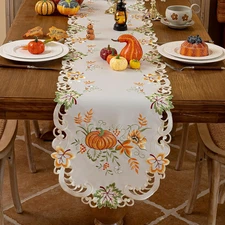 14"x69" Autumn Thanksgiving Table Runner – Embroidered Pumpkin & Maple Leaves