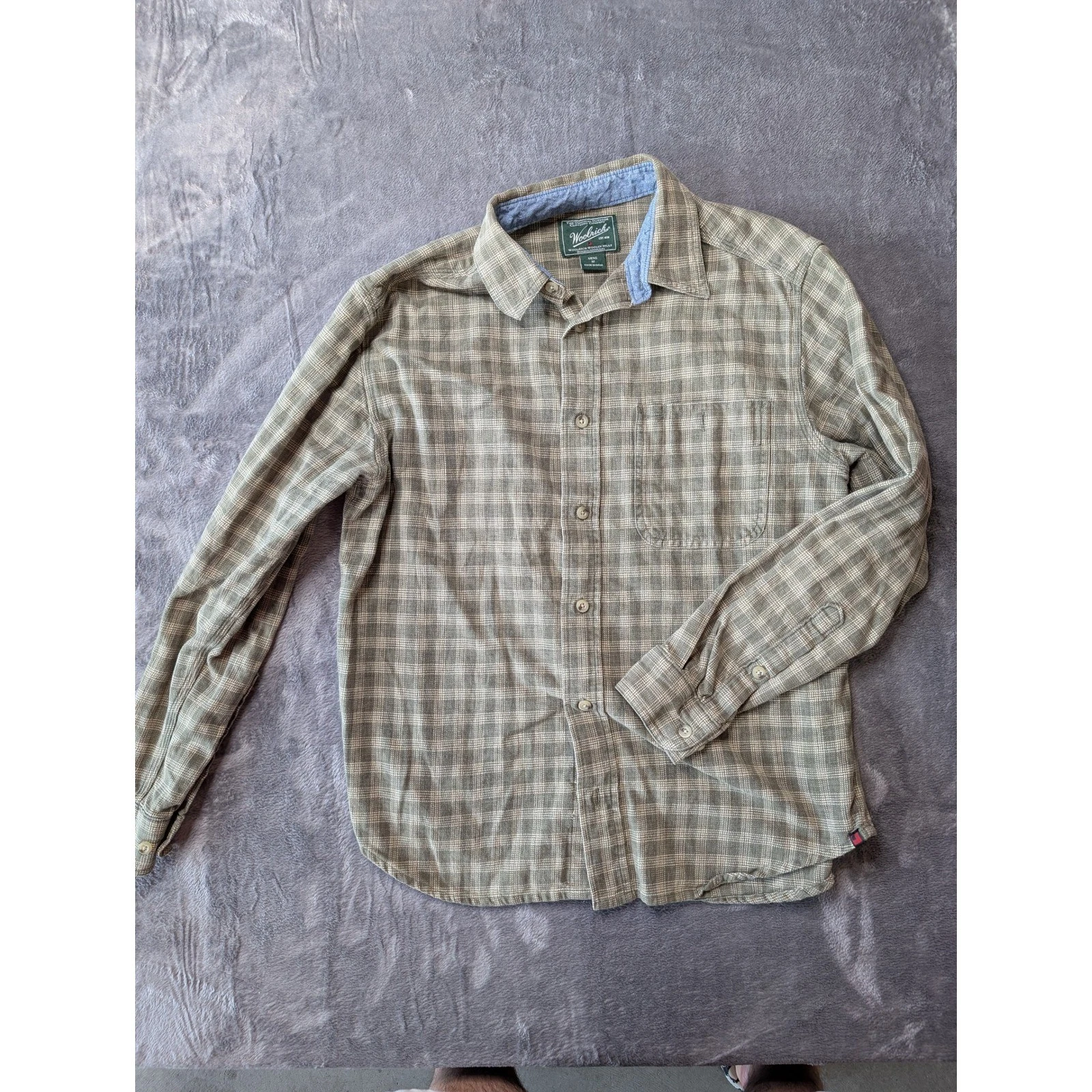 Woolrich Mens Plaid Flannel Button Down Shirt Olive Green Tan Size M 6113 FOS