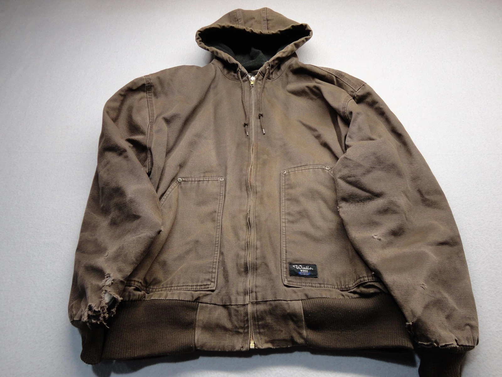 Walls Jacket Mens 3XL Brown Canvas Hooded Full Zip Workwear Bomber Distressed