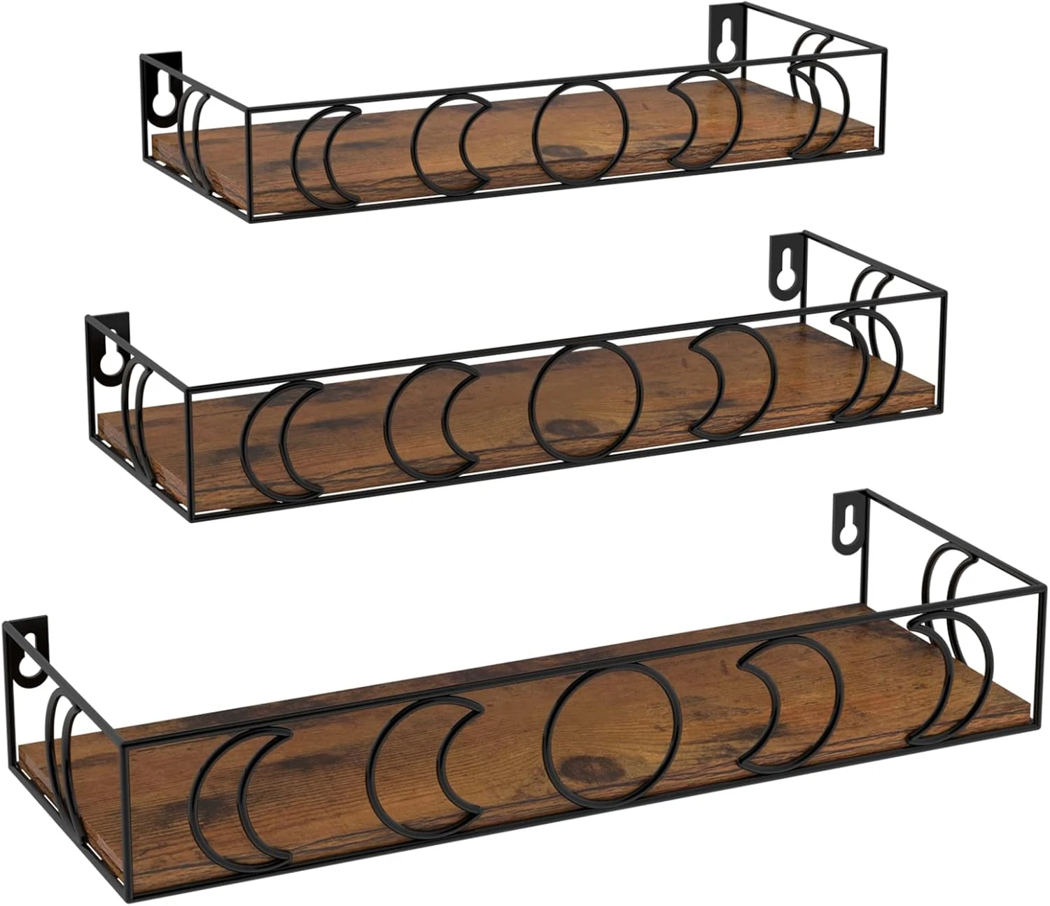 Moon Phase Wall Shelves Brown Black, 3 Pack Small Floating Book Plant Shelves fo
