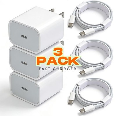 3X For iPhone 17 16e 15 14 13 12 11 PD 20W Type C Cable USB C Fast Charger Block