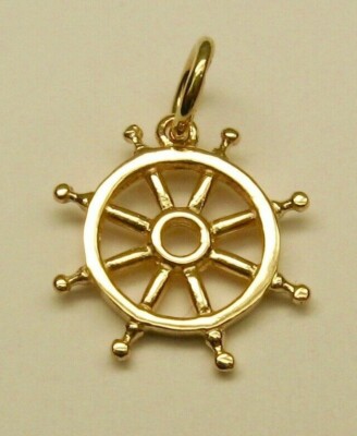 GENUINE SOLID 9ct Yellow GOLD 3D SHIP WHEEL HELM Charm Pendant RRP $229