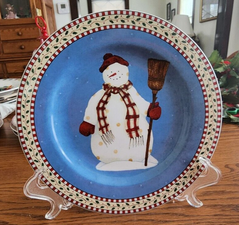 Snowman Salad Plates (pair) 7 1/2" Sakura Debbie Mumm Stoneware White Blue Red !