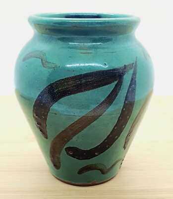 Kleine Studiokeramik Blume Posy Knospe Vase Topf olivgrün Blatt Design signiert