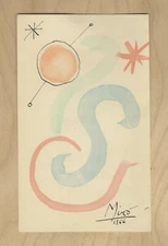 JOAN MIRO ORIGINAL 1966 PEN & WATER COLOR WITH FINGER PRINT