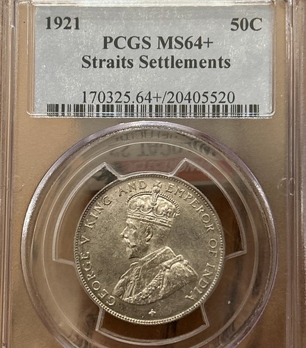 1921 Straits Settlements (Singapore) Silver 50 Cent MS 64+ Rare High Grade!