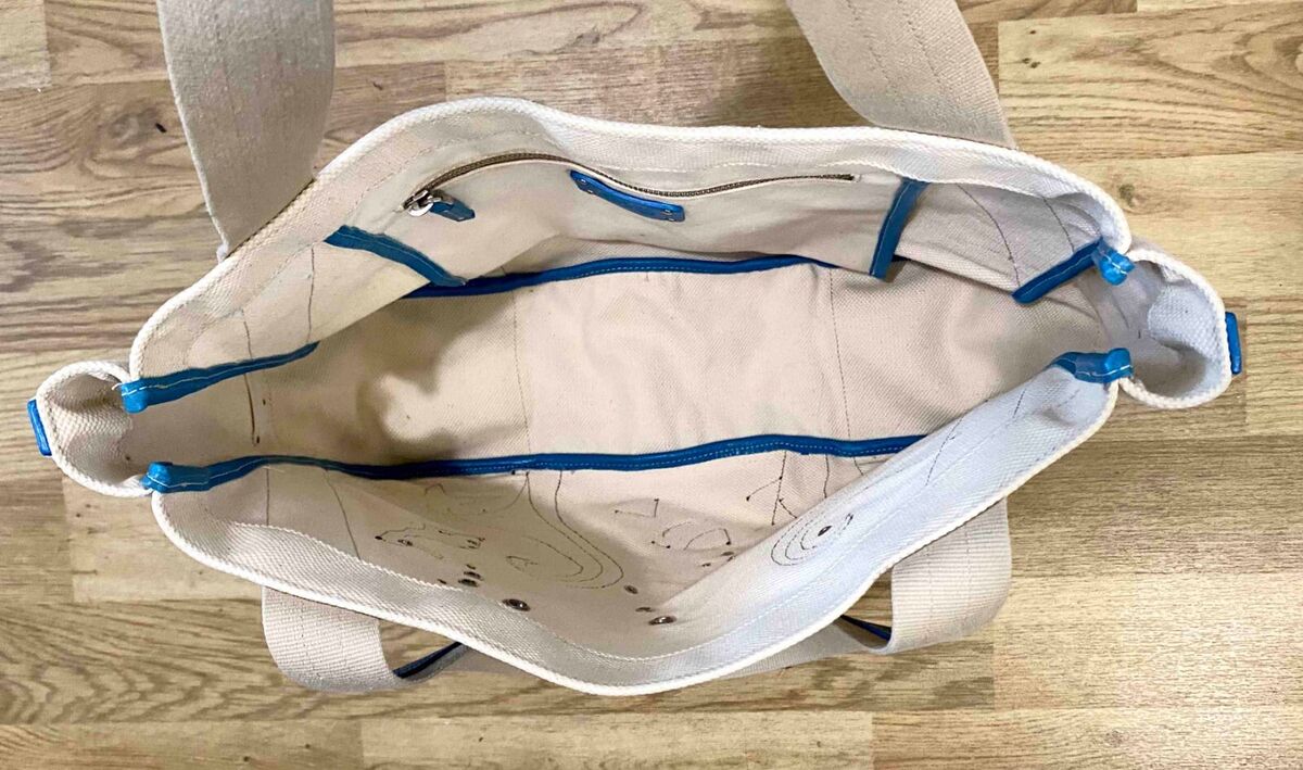 Auth Prada Blue Leather Beige Canvas Fabric Canapa Sea Life Auth Prada Blue Leather Beige Canvas Fabric Canapa Sea Life