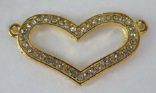 Heart Connector, Gold Toned with Rhinestones Heart Pendant, 35x15mm Charm, 1pc