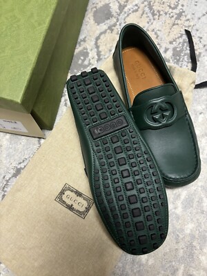 GUCCI INTERLOCKING G LOGO Green Leather Men's DRIVER Loafer Shoes