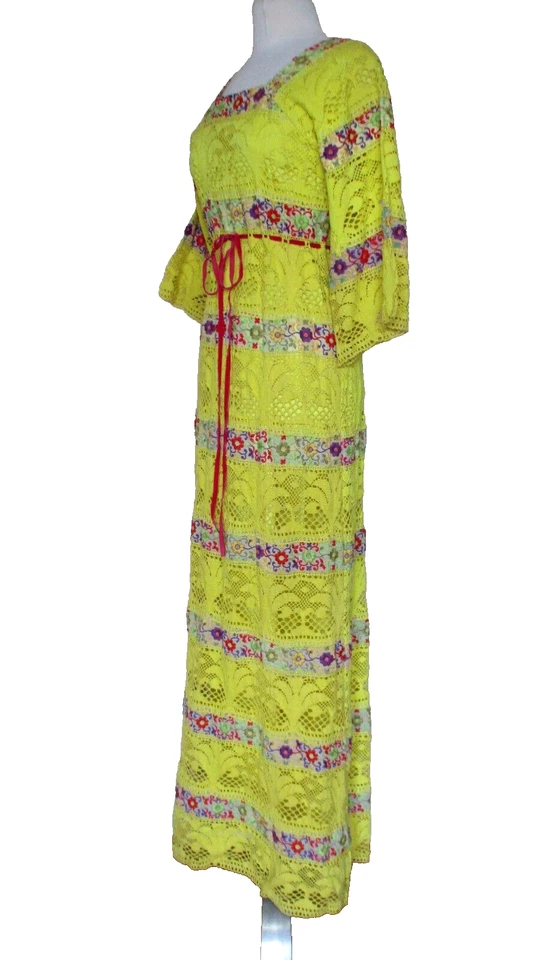Maxi vestido de novia mexicano vintage años 70 amarillo crochet bordado inserciones boho Foto 3 de 4