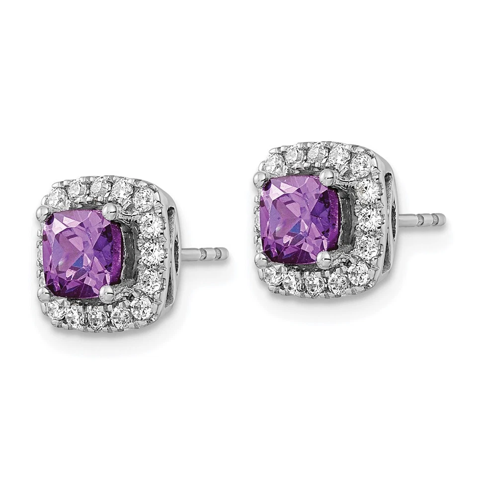 9mm 14K White Gold Lab-Created Diamond and Amethyst Halo Post Earrings - Image 2 of 4