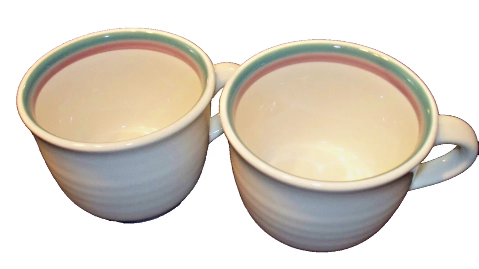 Pfaltzgraff Teal & Plum Bands Stoneware Lot 2 "Flat" Cups USA Made (no saucers) - Image 2 of 4