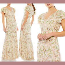 NWT $698 Mac Duggal [ 22 ] Embellished Ruffled Cap Sleeve V-Neck Gown Nude #Q608