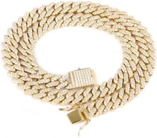 12mm Gold Plated Iced CZ Out Stainless Steel Miami Cuban Link Bracelet or Chain