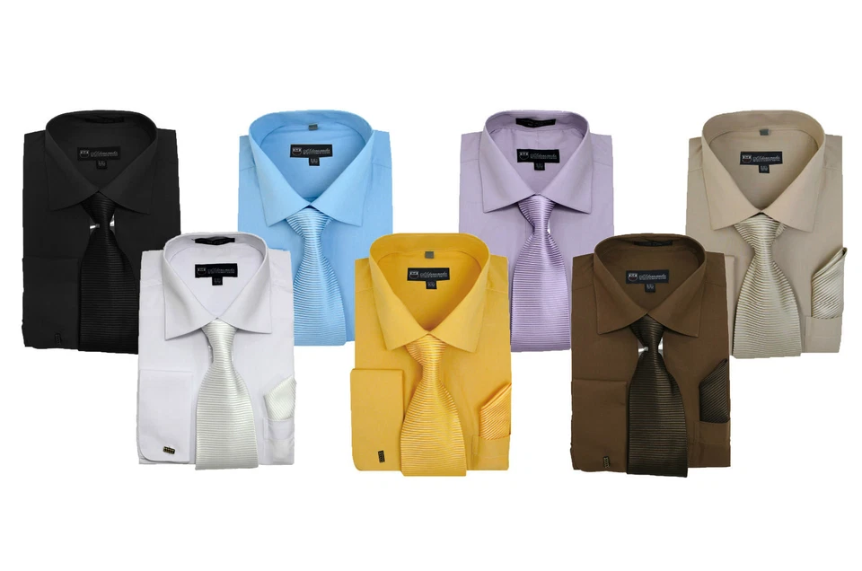 Men's High Quality Solid Color Dress Shirt + Matching Tie + Handkerchief 15~20