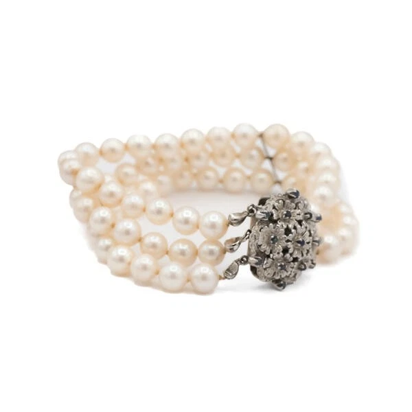 3 reihiges Armband mit Perlen und Saphire Safir in 750 18Kt Weiß Gold 18 cm - Bild 4 von 4