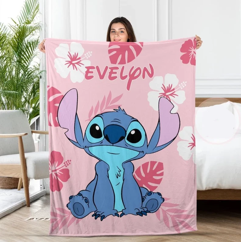 Personalized Disney Stitch Hibiscus Tropical Pattern Pink Cozy Fleece Blanket