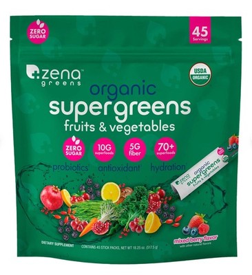 Zena Greens Organic Supergreens Fruits & Vegetables Powder 45 Packs EXP 03/2027