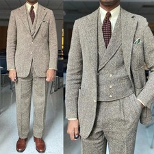 Tweed Herringbone Men Suits 3 Pcs Formal Suit Set Winter Blazer Business Wedding