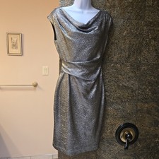 Vince Camuto Dress Women 4 Silver Metallic Shimmer Drape Neck Sleeveless Sheath