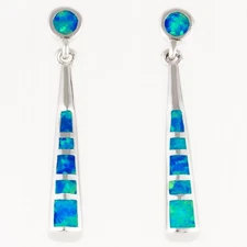 Stick Shape Ocean Blue Fire Opal Silver Jewelry Drop Pierced Earrings