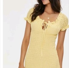 Forever 21 Bodycon Mini Dress Smocked Ruffle Tie Yellow Size 1X