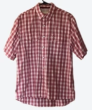 Simms Men's Medium Short Sleeve Pearl Snap Burgundy White Vented Plaid Shirt